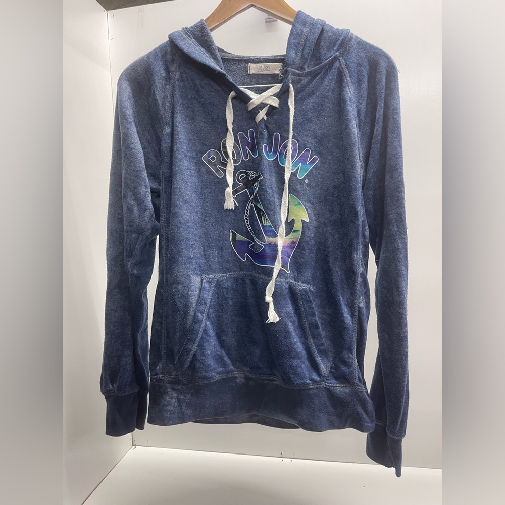 Ron Jon‎ Navy Blue Lace-Up V-Neck Hoodie with Anchor Graphic